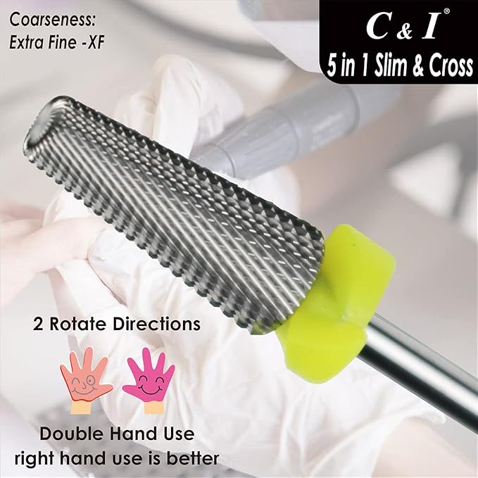C & I 5 in 1 Nail Drill Bit, Cross & Slim Edition, Professional Nail Drills for Electric Manicure Drill Machine (Extra Fine -XF)
