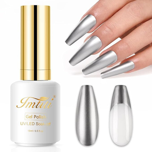 Imtiti Chrome Gel Nail Polish, 15ML Silver Metallic Gel Nail Polish with Metal Mirror Effect - Soak Off UV LED DIY Nail Art Salon Manicure