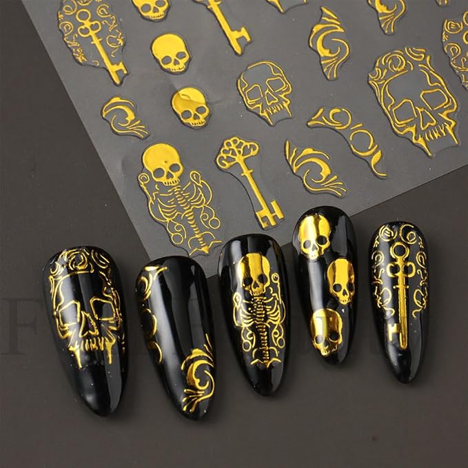 4Pcs Halloween Nail Stickers Gold Skull Nail Decals 3D DIY Self Adhesive Nail Design Sticker Halloween Nail Decoration Supplies Holiday Manicure Accessories for Women Girls