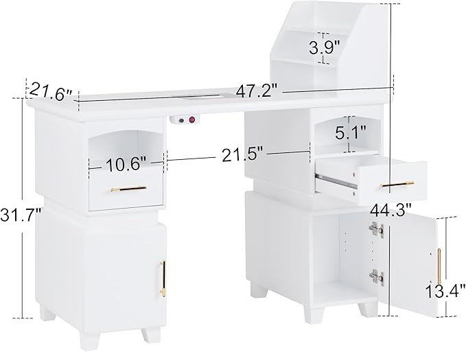 BarberPub Professional Nail Station Desk Manicure Table with Electric Dust Collector, Nail Makeup Desk with Shelves, Storage Beauty Salon Workstation with 4 Drawers Storage Cabinets VC258 (White)