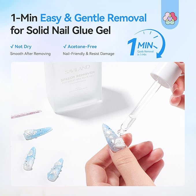 SAVILAND Advanced Nail Glue Remover: 50 ML Solid Nail Glue Gel Remover for Press On Nails Gentle & Easy with Castor Oil VE Gentle Non-Drying Odor-Free Non-Acetone Glue Remover Not for Gel Polish
