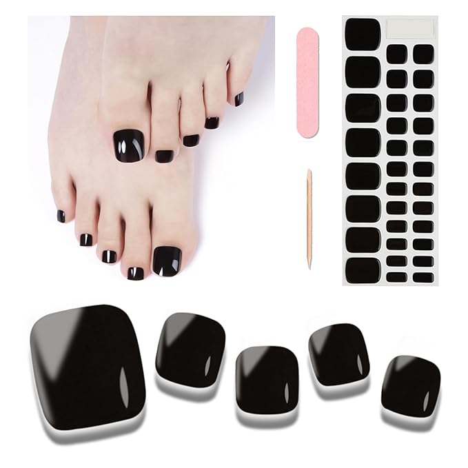 Semi Cured Gel Toenail Strips, 32 Black Gel Toenail Stickers - Works with Any UV Lamps Pedicure Strips Full Nail Wraps with Nail File & Wood Stick