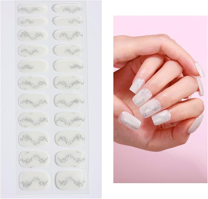 No Lamp Gel Nail Strips 22 Pcs Wraps - White Silver Glitter, Easy Apply Gel Nail Stickers Long Lasting, Salon-Quality, 2 Prep Pads, 1 File, 1 Wooden Stick