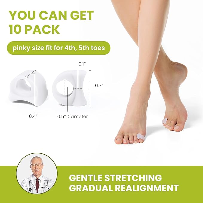 Bukihome Gel Pinky Toe Separators for Women -10 Pack Toe Spacers for Overlapping Toes, Bunions, Toe Alignment, Bunion Relief - Soft Silicone Toe Corrector for Men (Pinky Size)