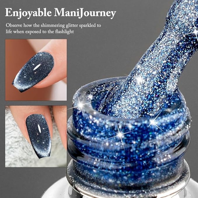 Cat Eye Gel Nail Polish Set with Rhinestone -15ml, Magnetic Wand Included, 28 Days Long-Lasting, Luxe Luster