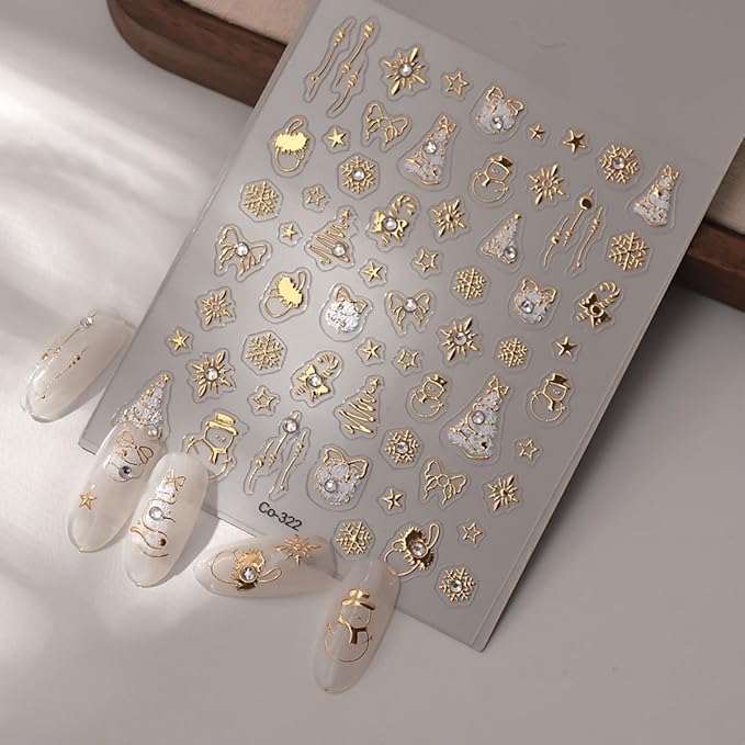 5D Embossed Christmas Nail Sticker Gold Christmas Tree Snowman Snowflake Designs Self Adhesive Nail Decals Rhinestone Winter Nail Art for Women Girls Manicure Supplies Nails Art Decorations