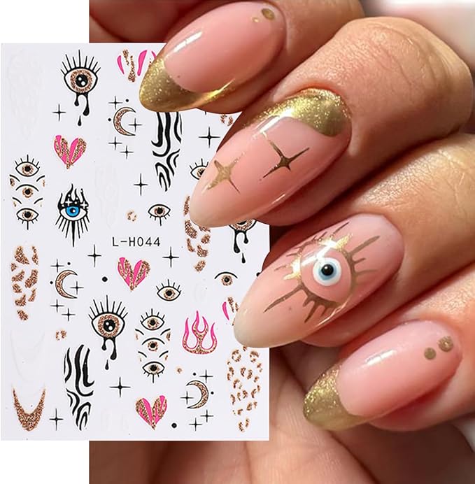 6 Sheets Goth 3D Self-Adhesive Star Flame Nail Stickers - Glitter Blue Eye Design, French Art, Holographic Decals for Women DIY Manicure