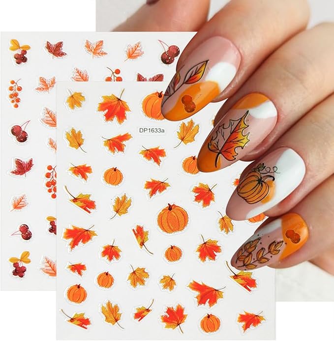 8 Sheets Fall Nail Stickers 3D Self-Adhesive Maple Leaf Nail Art Stickers for Nail Art Pumpkins Leaf Nail Design Autumn Nail Decals Thanksgiving Nail Art Supplies for Women Acrylic Nails Decoration