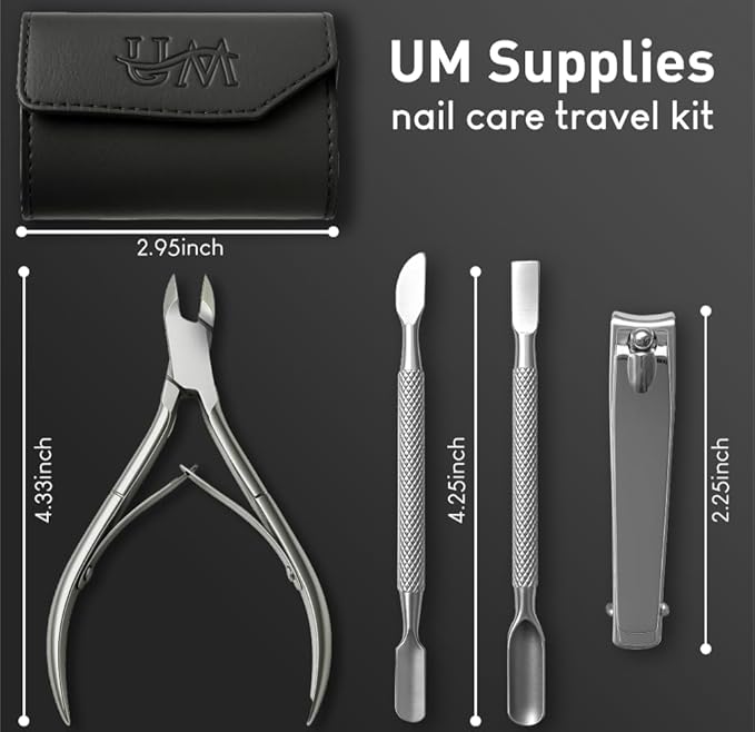 UM Supplies Cuticle Nipper with 2 Pushers and Nail Cutter 4 Pieces Travel Set Stainless Steel | Manicure Pedicure Tool for Nail Care 1/2 Jaw 14 (5mm) Double Spring