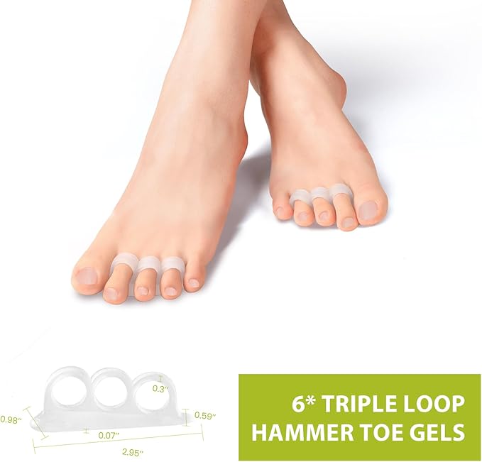Bukihome Hammertoe Corrector Gel Toe Straighteners - 12 pcs Support Crest for Women & Men - Realign Bent, Crooked, Curled, Claw, Hammer Toes - Clear,Three Loop