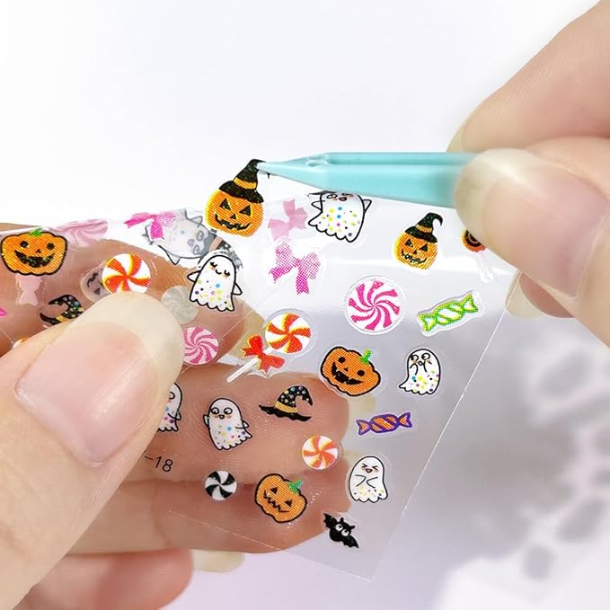 30Sheets Halloween Nail Art Stickers Cute Ghost Pumpkin 3D Self-Adhesive Nail Decals Bat Cat Skull Designs Nail Decorations Halloween DIY Manicure Supplies for Women
