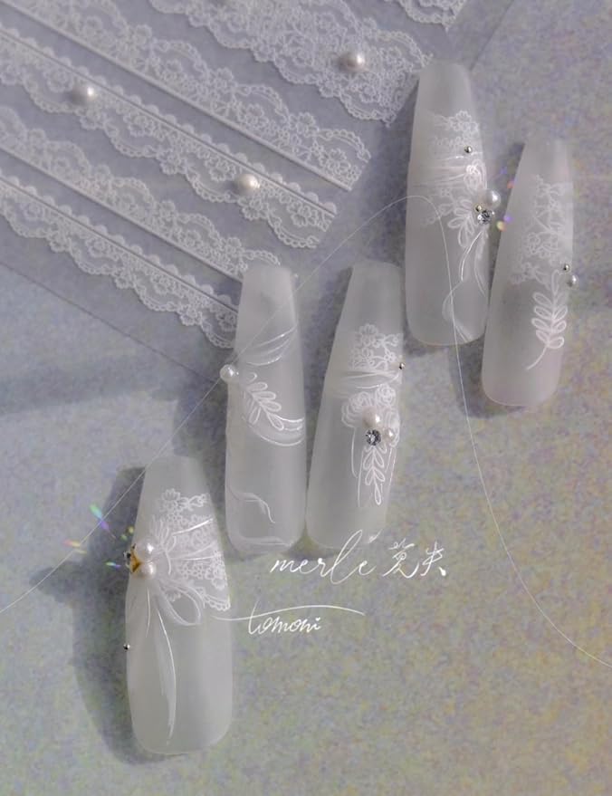 White Lace Nail Stickers 5D Embossed Pearls – Premium Salon-Quality Nail Charm Accessories, Easy Application & Self-Adhesive Rhinestones Pearl for DIY Manicure, Nail Art, Press on, Home or Salon Use