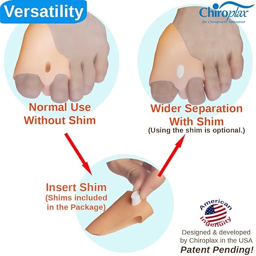 Chiroplax Bunion Corrector for Women & Men Relief Cushion Pads Hallux Valgus Guard Toe Separator Straightener Splint Protector Shield Spacer Sleeve Cover (4 Pads w/Shims, Small)
