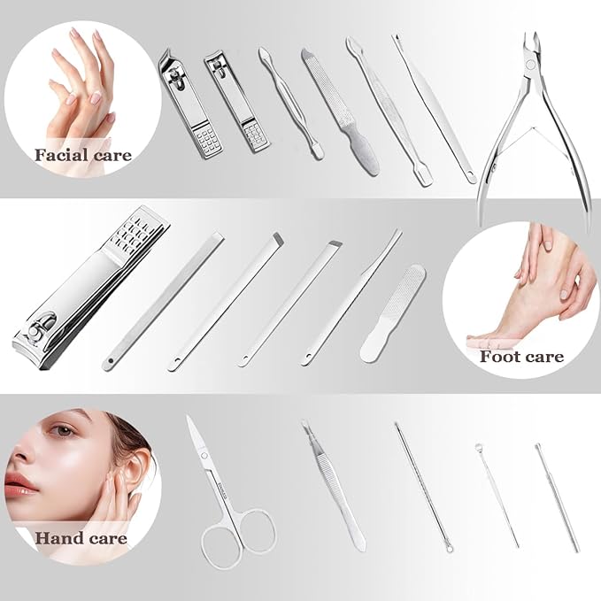 Nail Clipper Set 18 Pcs | Stainless Steel Manicure Grooming Kit: Fingernail Clippers & Toenail Pedicure Cleaning Cutter | Travel Nail Trimming Kit | Gifts for Women, Men, Him, Dad, Christmas, Birthday