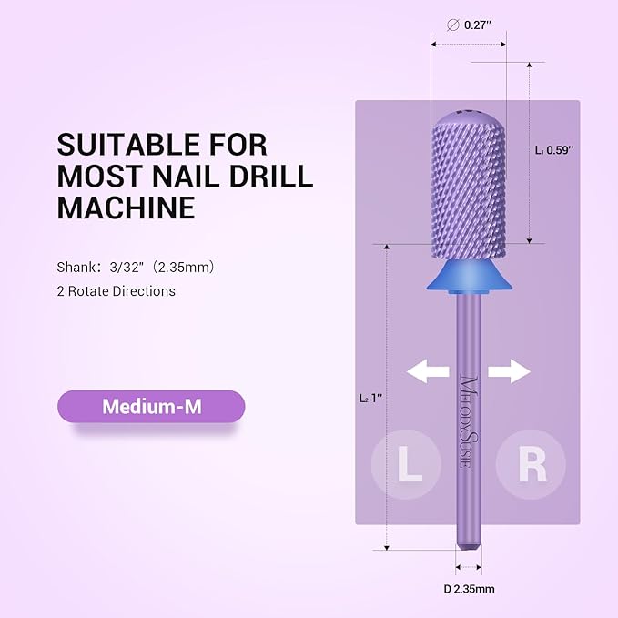 MelodySusie Safety Nail Drill Bits, 3/32'' Smooth Round Top Large Barrel Carbide Bits, Suitable for Manicure Pedicure Cuticle Gel Polishing, Beginners Bits, Purple, Series Bit-S, M
