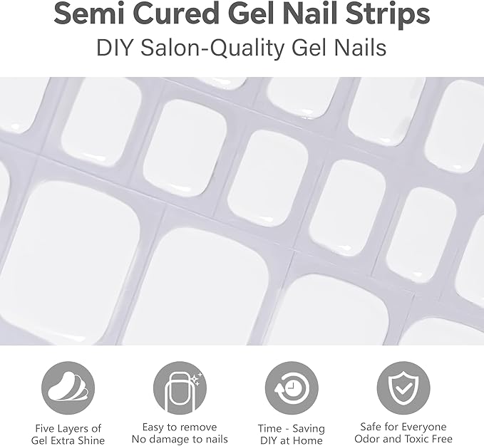 Semi Cured Gel Toe Nail Strips-Semi-Gel Toe Nail Art Kit (32 Pack) Easy Apply Fake Nails for Feet,Summer Sandal Ready Designs Works with Any UV/LED Lamps(Basic White.Pedicure)