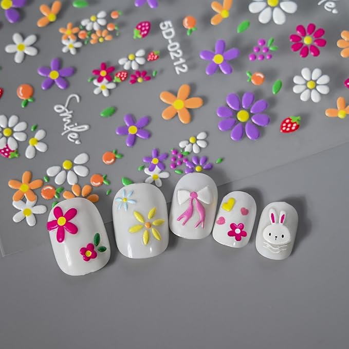 Stickers para Uñas Nail Stickers Self-Adhesive Sticker para Uñas Colorful 3D Flower Embossed Calcomanías Stickers Art Design Accessories Hight Quality 8 Sheets