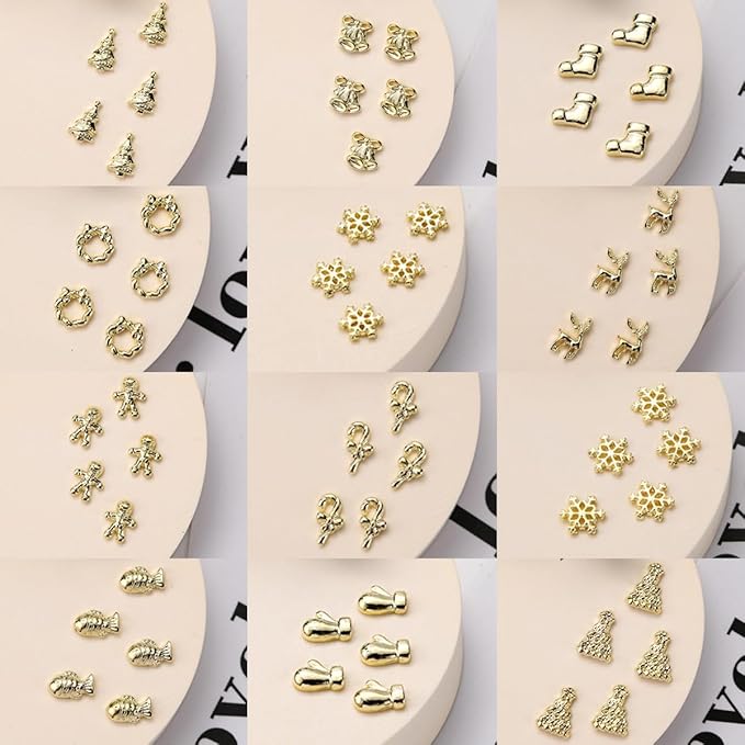 30Pcs Christmas Nail Charms and Gems 3D Metal Alloy Nail Rhinestone Jewelry Design Winter Christmas Tree Socks Snowflakes Elk Candy Gold Nail Art Charms for Women DIY Xmas Nails Decoration Supply