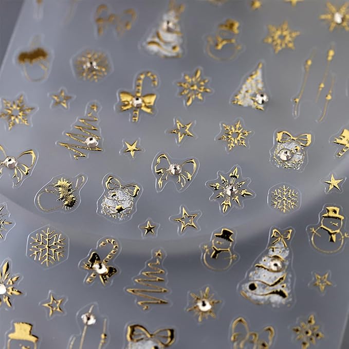 Christmas Nail Art Stickers - 5D Embossed Gold, Xmas Tree, Reindeer, Bow Star Design, Self-Adhesive Rhinestone Nail Supplies for Winter Holiday