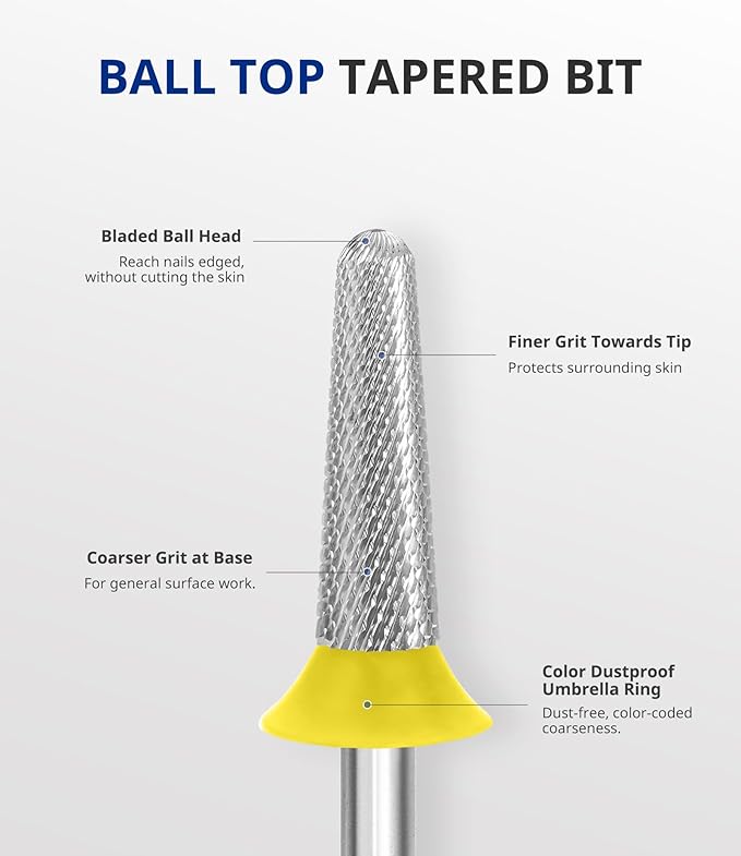 AIRSEE Tungsten Carbide Acrylic Nail Drill Bit Efile Electric File Machine Head Tip for Manicure Polishing Art Remove Gel 3/32" 2 Way Safety Use Ball Top Tapered Bit Cone Shape Extra Fine-XF