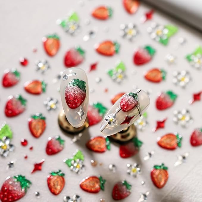 1 Sheet Strawberry Nail Art Sticker 5D Embossed Self-Adhesive Gold Print Strawberry Fruit Nail Art Sticker Women Girls DIY Nail Decoration