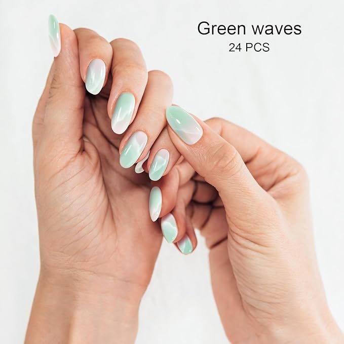 Semi Cured Gel Nail Strips, Green Waves | 28 pcs Gel Nail Strips Work with Any UV Lamp, Salon Quality UV Nails Stickers, Easy to Apply for Home Nails DIY