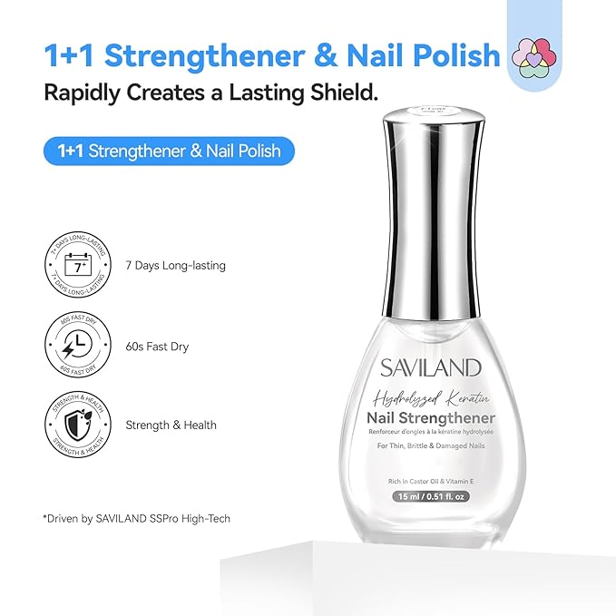 SAVILAND Advanced Nail Strengthener: Clear Air Dry Nail Growth for Damaged Nails Fingernail Polish Strengthening Repair Weak & Thin Nails Treatment with Castor Oil & Vitamin E 15ml Women Gift