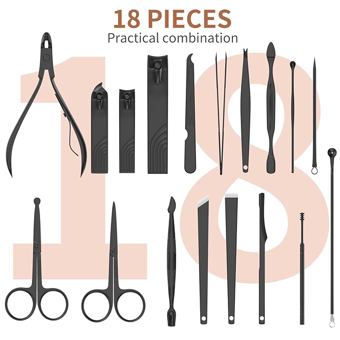 ZIZZON Nail Clippers Manicure Pedicure Set 18 in 1 Nail Grooming Kit with Leather Travel Case(Black/Pink)