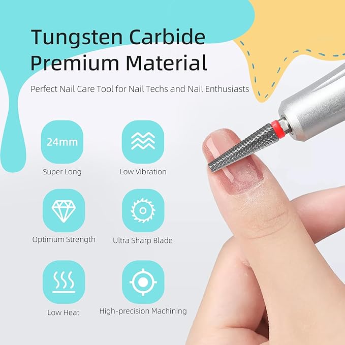 5 in 1 Nail Drill Bits, 24mm Flat Top Tapered Professional Tungsten Carbide Bit for Gel Polish & Base Removal, Electric File Manicure Drills Accessories Tool,F