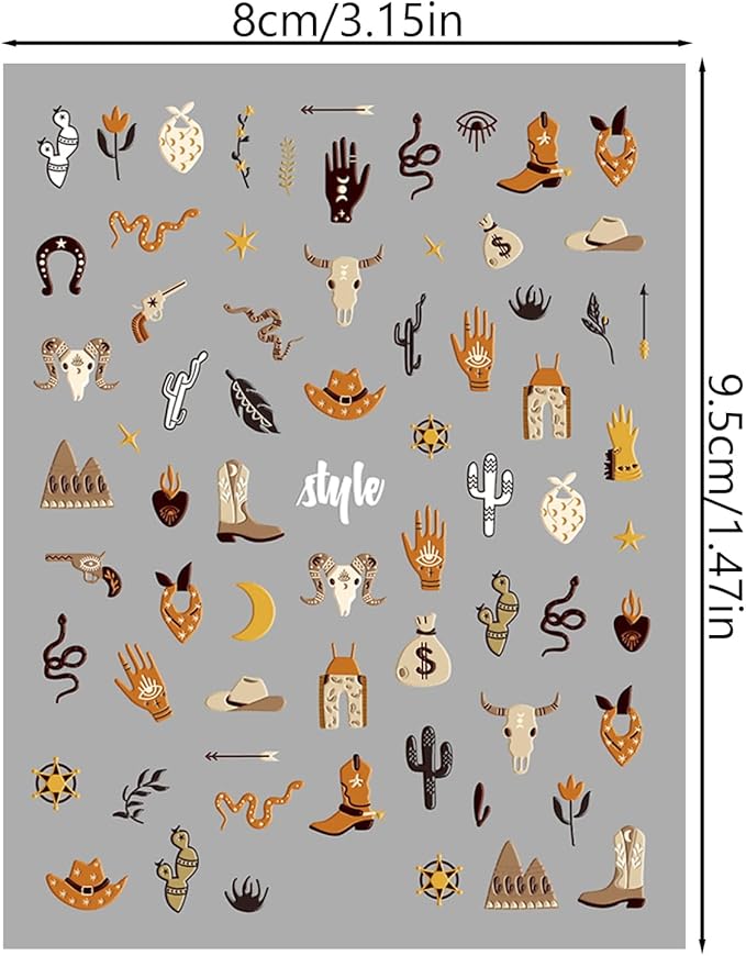 2 Sheets Retro Cowboy Nail Art Stickers, Western Cowboy Style Self-Adhesive DIY Nail Decals, Brown Cowboy Hat Designs Nail Stickers for Retro Style Nail Art Decals