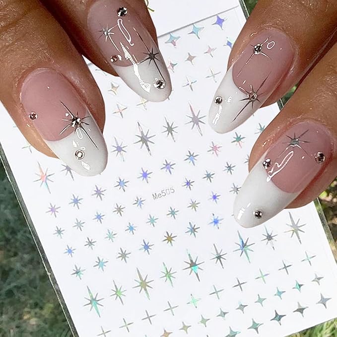 10PCS Silver Nail Stickers for Metallic Nail Art Decals, 3D Glitter Shiny Laser Silver Star Moon Sun Heart Self-Adhesive Sticker Nail Designs Stars Nail Stickers for Nails DIY Nail Tip Manicure Decor