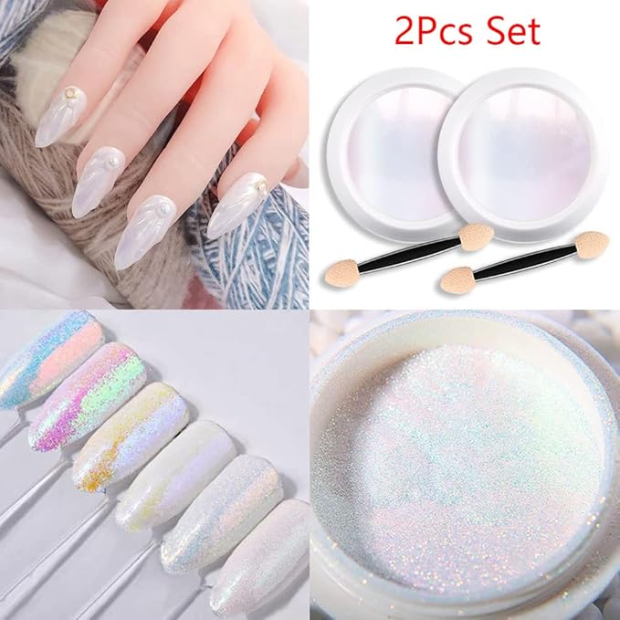 evpct 2Pcs Pearl White Mermaid Aurora Chrome Nail Powder Kit for Gel Nails Polish Rainbow Holographic Iridescent Chameleon Metallic Neon Nail Pigment Mirror Chrome Nail Powder for Gel Nails Glitter