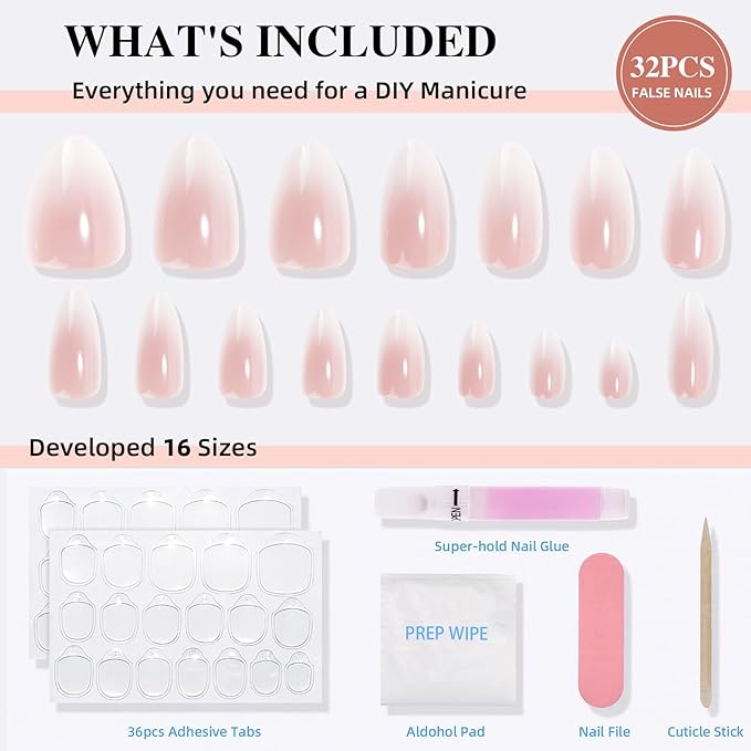 Press on Nails, Short Press on Nails Almond Reusable Glossy Pink White Nails Soft Gel False Nails Press ons for Women, 16 Sizes 32 Count Nails Kit with Glue (SV-05)