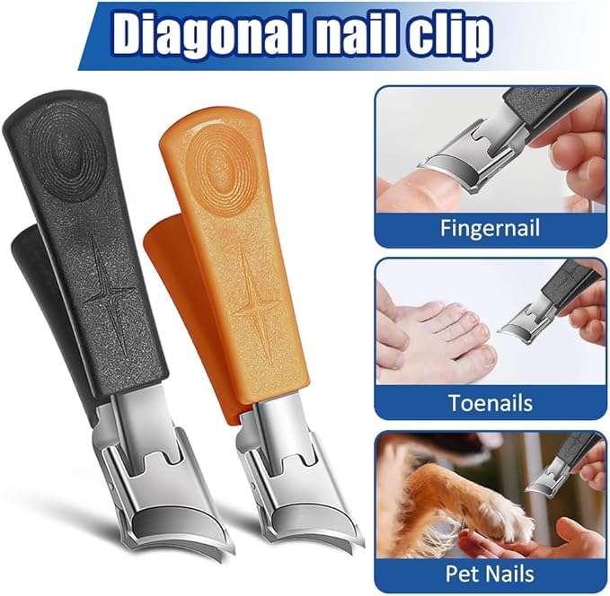 Wide Jaw Opening Anti-Splash Slanted Nail Clipper, 2025 Curved Toenail Clippers for Thick Toenails Fingernail and Toenail Clipper Cutters Angled Nail Clippers (Orange, 2Pack)