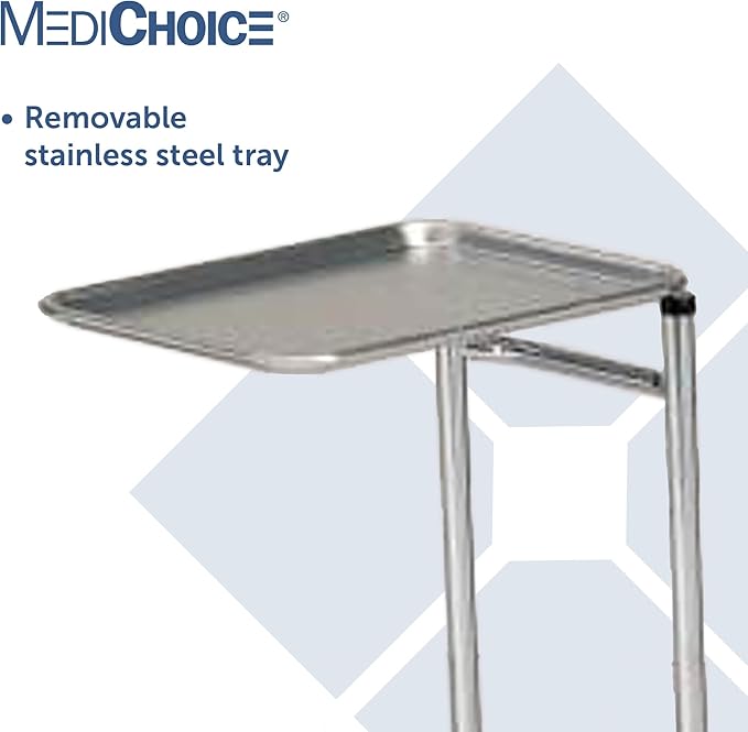 MediChoice Mayo Portable Adjustable Tray Steel Premium Instrument Stand Medical Dental Salon Tattoo Esthetician Mobile Service Cart Table Station Height 34-54 Inch MAYO1201