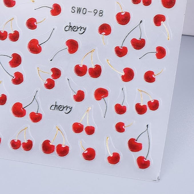 Cherry Nail Art Stickers Decals Summer Fruit Cherry 5D Embossed Nail Decals 3PCS Self-Adhesive Cherries Design Summer Stickers for Nails Art Decorations Supplies Manicure Sliders Accessories for Women