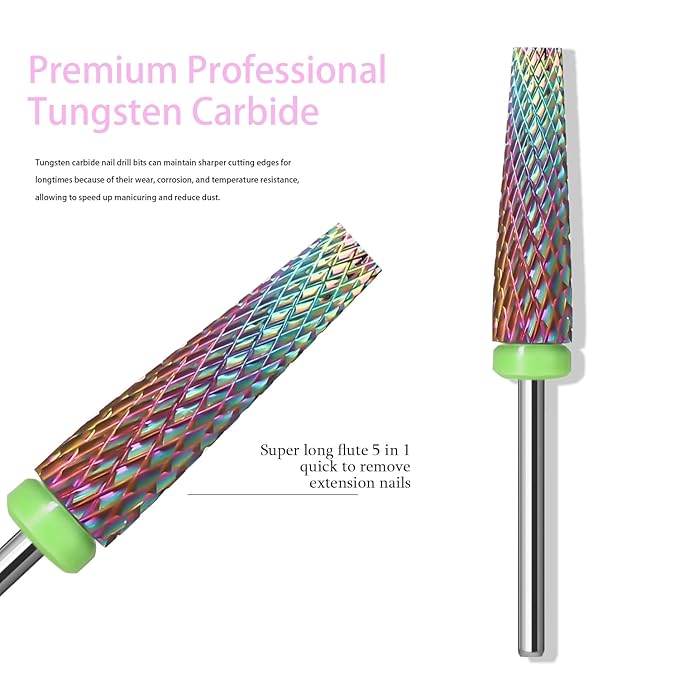 Super Long 5 in 1 Nail Drill Bits,Two Way Rotary Nail Cleaner Carbide Tungsten Nail Bits, Suitable for Manicure Pedicure Cuticle Gel Polishing Acrylic Hard Gels(Rainbow, Coarse-C)
