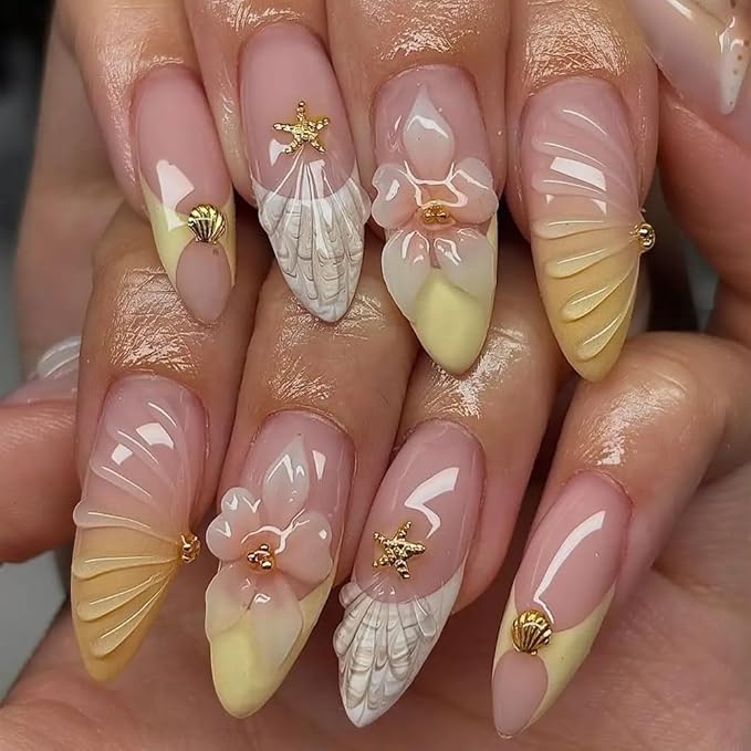 2 Pack 3D Nail Art Charms Set, Summer Beach Theme with Starfish Shell Pearls, Metal Rhinestone Decorations for Acrylic Nails