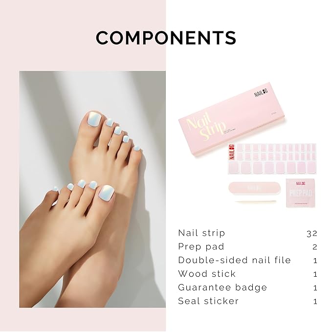 NAILOG Semi Cured Gel Nail Strips, Toe Nail Polish Strips with Glossy Gel Finishing | Buy 3 Get 1 UV Lamp| 32 Pieces Long Lasting Pedi Stickers | Pink Moonlight