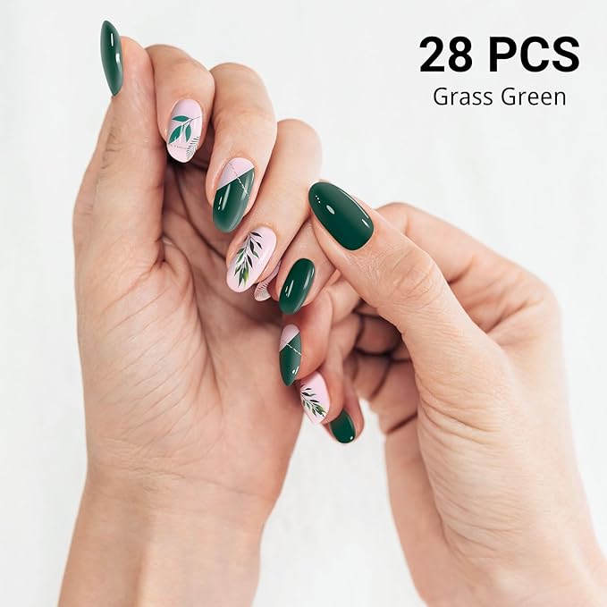 Semi Cured Gel Nail Strips, Grass Green | 28 pcs Gel Nail Strips Work with Any UV Lamp, Salon Quality UV Nails Stickers, Easy to Apply for Home Nails DIY