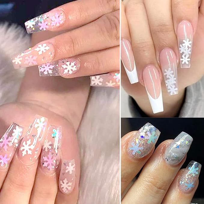 12 Grids 3D Snowflake Nail Glitter Sequins Holographic Laser Snowflake Nail Art Stickers Decals Christmas Nail Glitter Flakes Pink Blue White Snowflake Glitter Xmas Winter Nail Snow Glitter