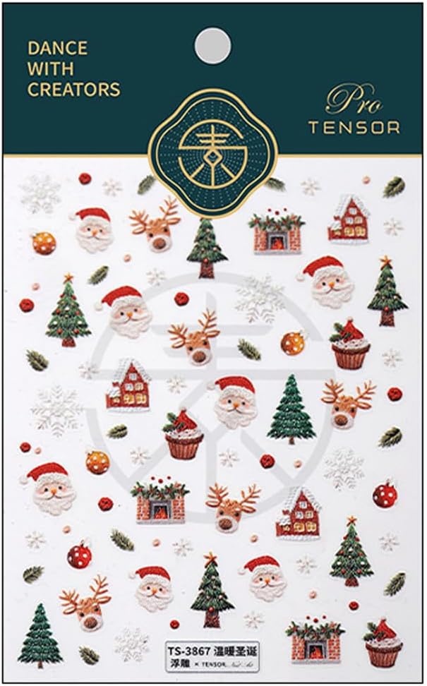 1Sheet Christmas Nail Art Stickers 5D Embossed Cute Santa Claus Elk Designs Nail Decals Self-Adhesive Xmas Tree Snowflake Nail Stickers Christmas House Cake Nail Decal for Women Nails Decoration