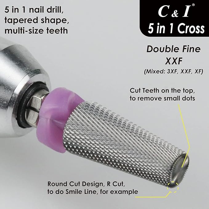 C & I 5 in 1 Multi-function Tapered Shape Nail Drill, Cross Teeth Edition, Professional Drill Bit for Nail Manicure Machine (Double Fine - XXF)