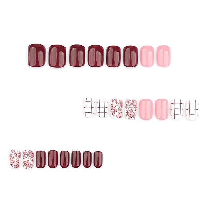 Press On Nails Short Square, Pink Fake Nails with Multicolored Nails and a Blend of Vintage and Romantic Designs, Glossy Gel Finish, Durable Reusable Acrylic Press On Nails Kit for Women