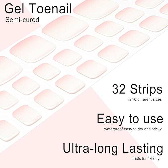 Semi Cured Gel Toenail Strips, 32 Cream Pink Gel Toenail Stickers - Works with Any UV Lamps Pedicure Strips Full Nail Wraps with Nail File & Wood Stick