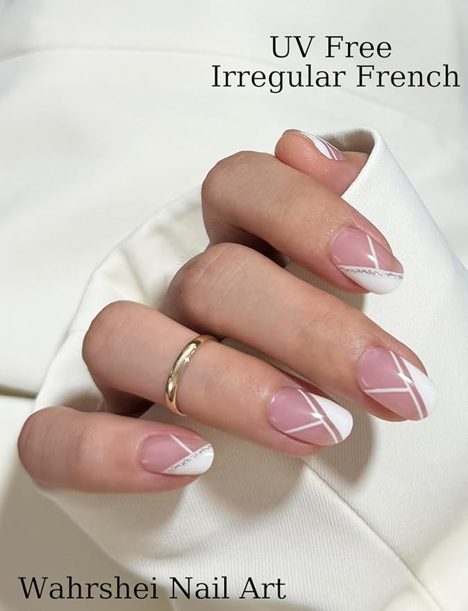 Gel Nail Strips No UV, Irregular French, UV Free, Long Lasting Gel Stickers - Contains 22 Wraps, 1 Prep Pad, 1 File
