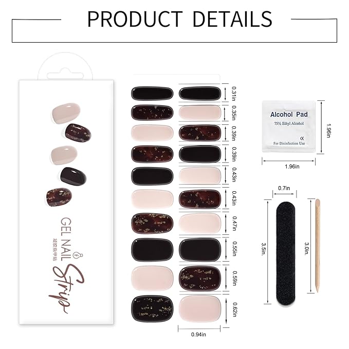 WOKOTO 1 Sheet Semi Cured Gel Nail Strips With Wood Stick, Nail File & Prepared Pads, 20 Tips Burgundy - Gold Glitter Semi Cured Nail Polish Strips, Harden With UV Light Gel Nail Wraps Stickers