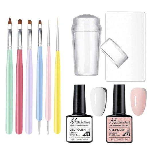 Gel French Manicure Kit, Gorvalin Glitter Nude Pink & White UV French Tip Gel Nail Polish Stamper Brushes Dotting Pens French Tip Tool Kit for French Nail Art DIY Design