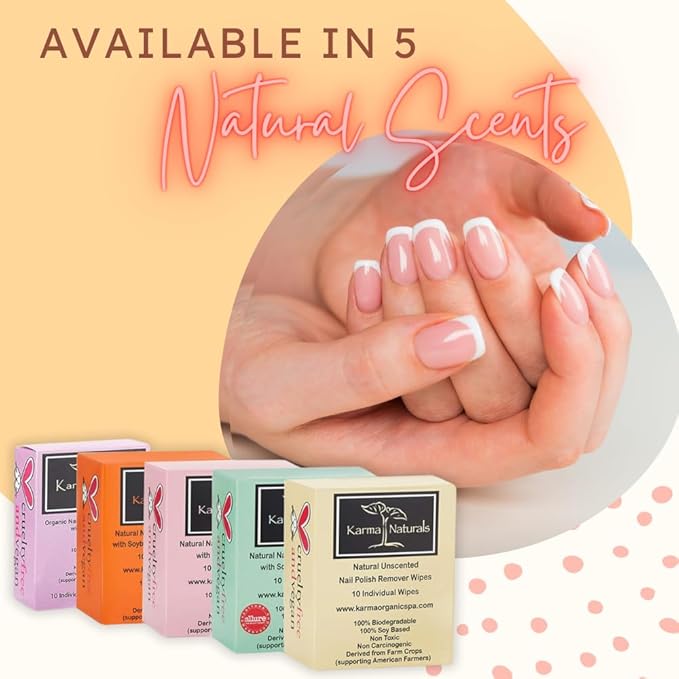 Karma Organic Natural Nail Polish Remover Wipes with Soybean and Orange Blossom Oil, 100% Soy Based, Non-Toxic, Vegan, Cruelty-Free – Pack of 10