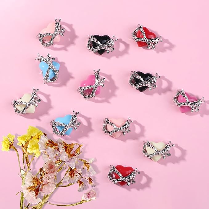 12Pcs 3D Heart Nail Charms Supplies Alloy Valentines Nail Charms Decoration Colorful Heart Charms for Nails Valentines Day Nail Charms with Design Valentines Nail Jewelry Gems Accessories